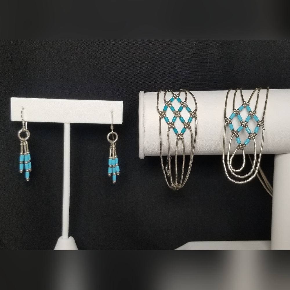 Liquid silver and turquoise necklace, bracelet, earrings set. Native American.